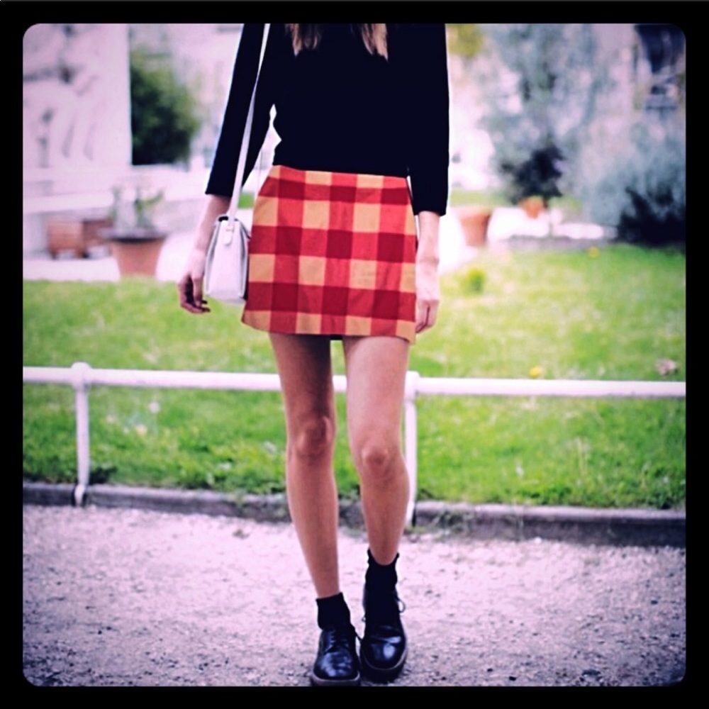 J.Crew-Tan & Coral Buffalo Checkered Mini Skirt- 4